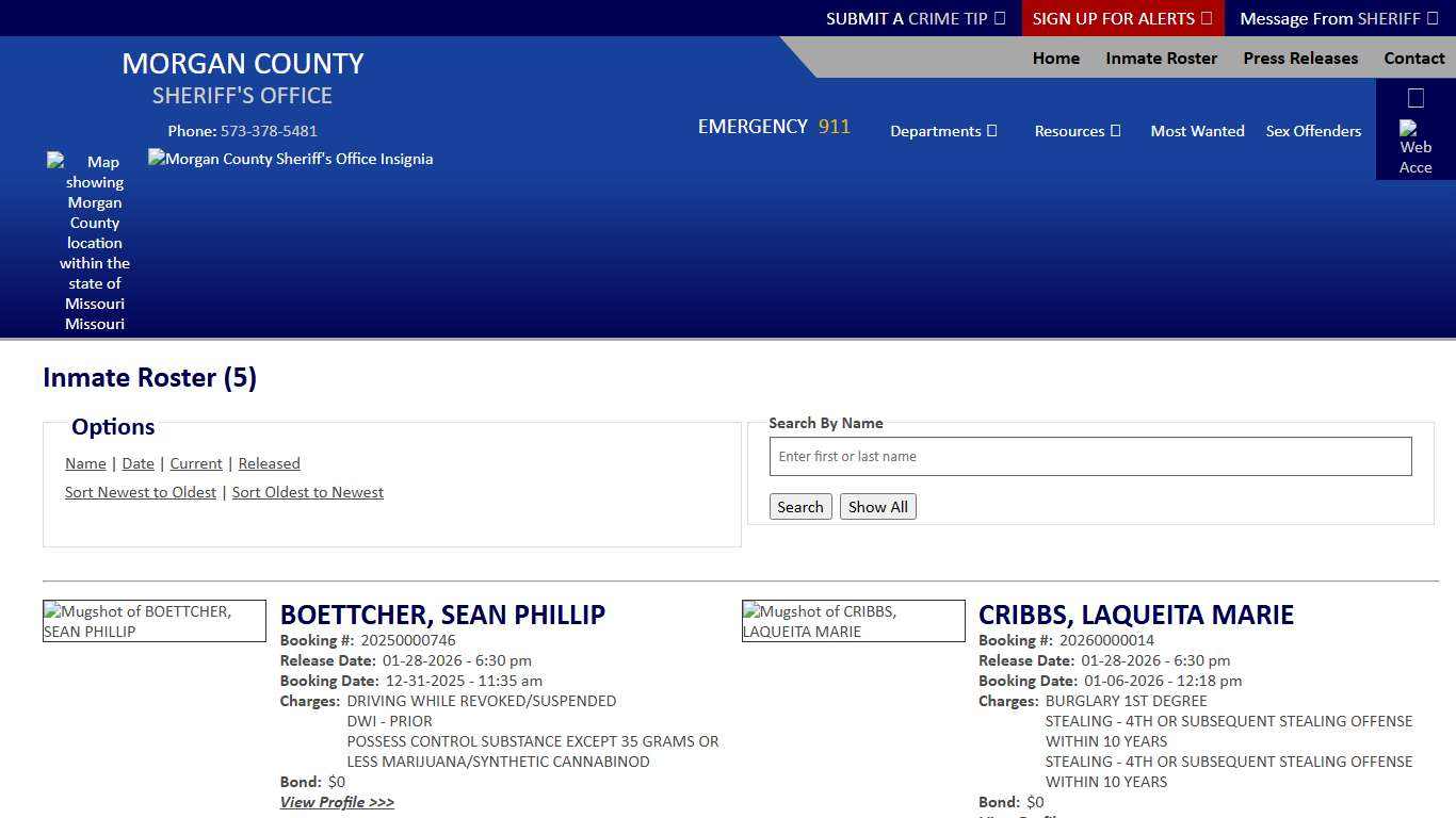 Inmate Roster - Released Inmates Booking Date Descending - Morgan County Sheriff MO